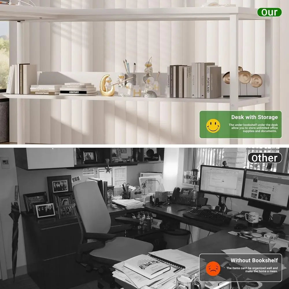 Adjustable White L-Shaped Desk with Power Outlets & USB Ports, Sturdy Home Office Desk with Storage, Easy Assembly