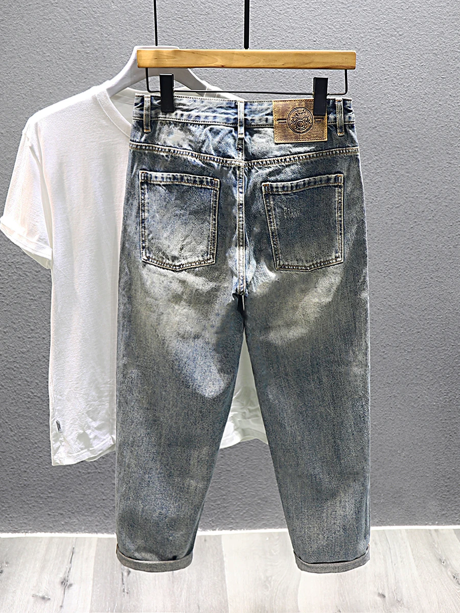 Retro Patchwork Men's Denim Jeans High Street Harlan Style Summer Casual Straight Leg Loose Fit mid Waist Torn Hole Design