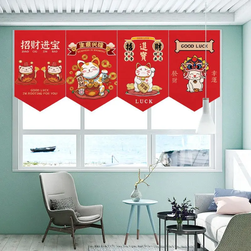 VIKAMA Cartoon Maneki Neko Triangle Hanging Flag Curtain Chinese New Year Pennant Shop Front Window Lucky Home Decor