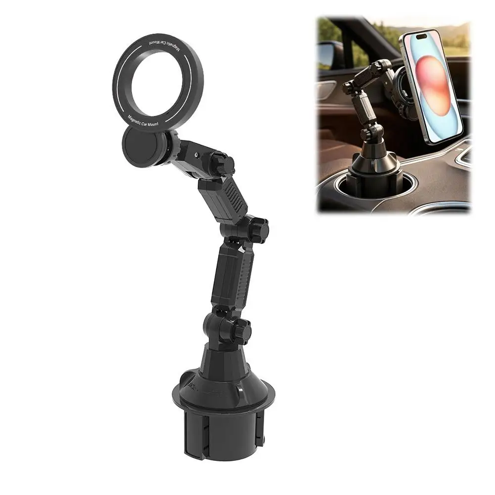 Car Cup Holder Phone Mount, Magnetic Long Arm Cell Phone Holder for Car, 360 Rotatable Mechanical Foldable Phone Bracket