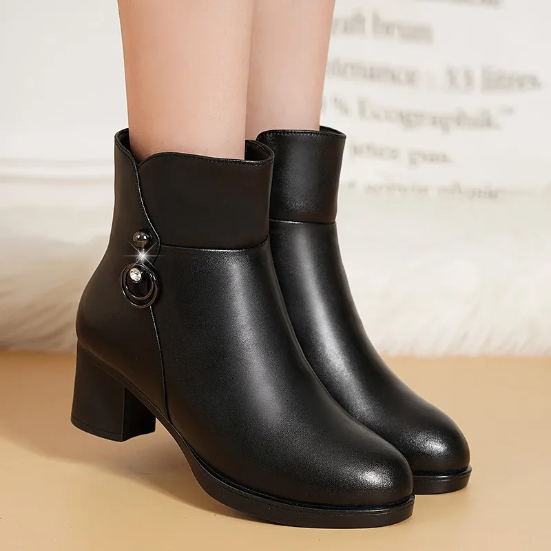 2024 NEW Fashion Soft Leather Women Ankle Boots High Heels Zipper Shoes Warm Wool Winter Boots for Women Plus Size 35-41