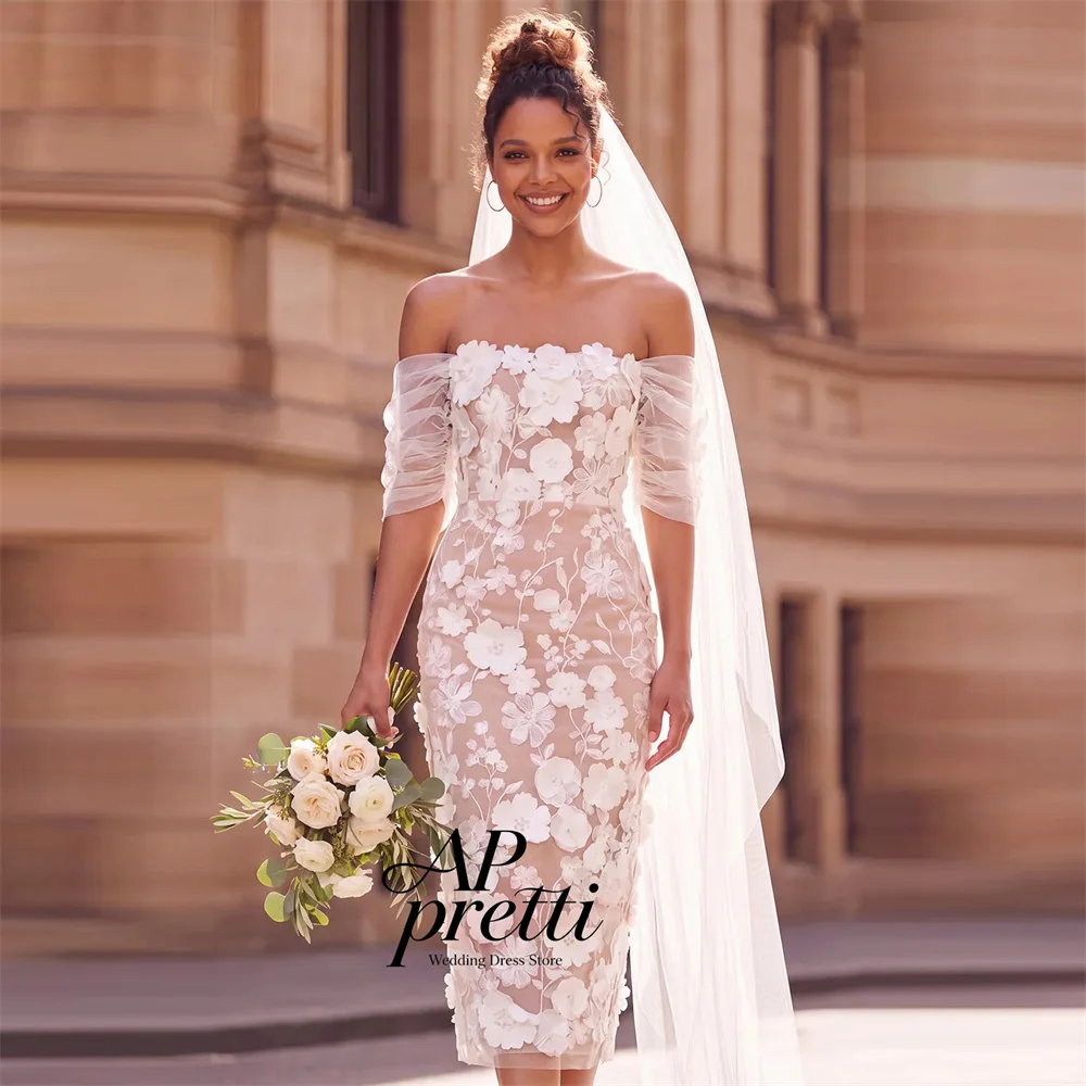 AP pretti Vintage Mermaid Applique Mini Wedding Dresses For Woman Strapless Short Sleeves Bridal Gown Back Zipper Customized ﻿