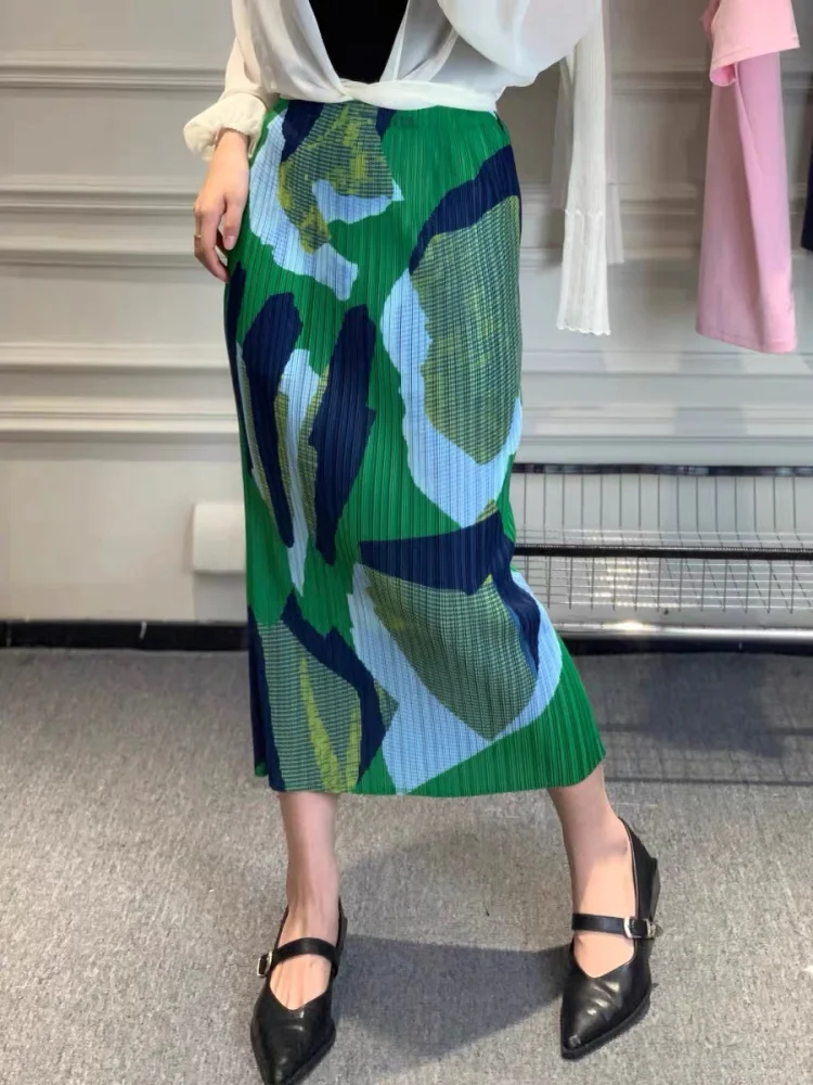 Sommer 2025, lockerer, bedruckter Faltenrock für Damen, Midi, H-Linie, gerader Schnitt, Pendler-Ele Sle-Design mit mittlerer Taille