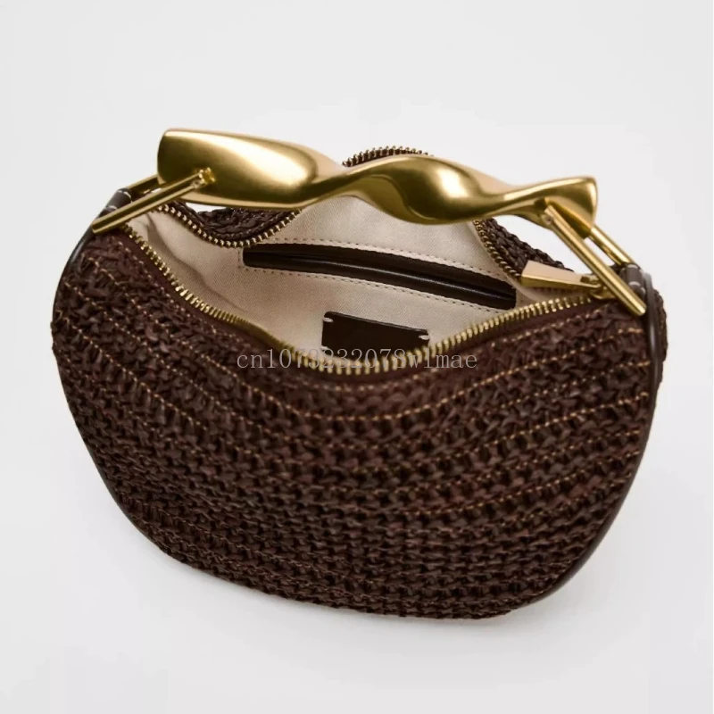 

Rattan Half-Moon Tote Bag Luxury Design Gold Handle Handbag Women's Woven Straw Bucket Bag Purse Casual Shopping Braided Bags