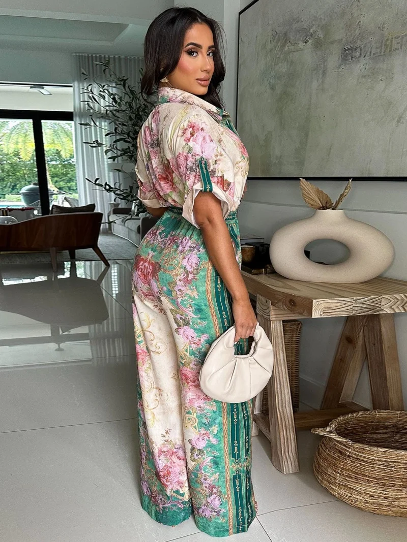 จั๊มพ์สูทสไตล์เสื้อผ้าสตรีทแวร์ลายดอกไม้พิมพ์ลาย ชุดฤดูร้อน เสื้อผ้าผู้หญิงแขนสั้น ชุดรอมเปอร์ ชุดเพลย์สูท ชุดจั๊มพ์สูทแบบชิ้นเดียว