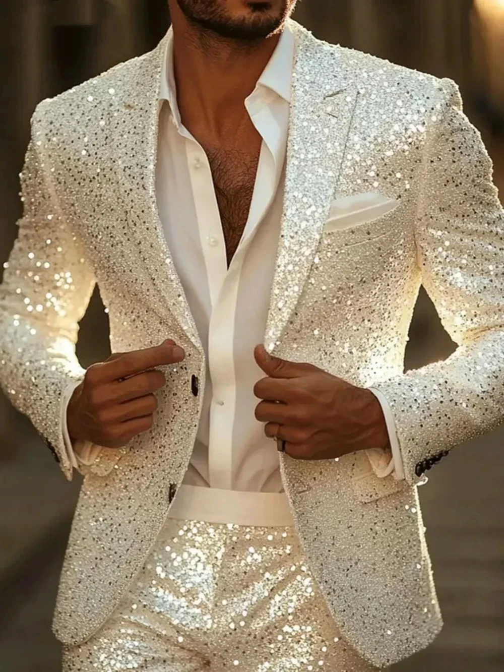 Sparkly Sequins Men Suits 2 Piece Set Jacket Pant Wedding Tuxedos Single Breasted Peaked Lapel  Groom Prom Custom Blazers