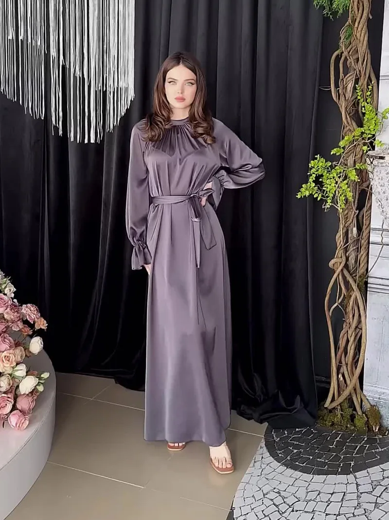 Eid Ramadan Women Dress Woman Satin Lace-up Flare Sleeve Maxi Jalabiya Vestidos Largos Dubai Party Evening Dresses Summer 2025