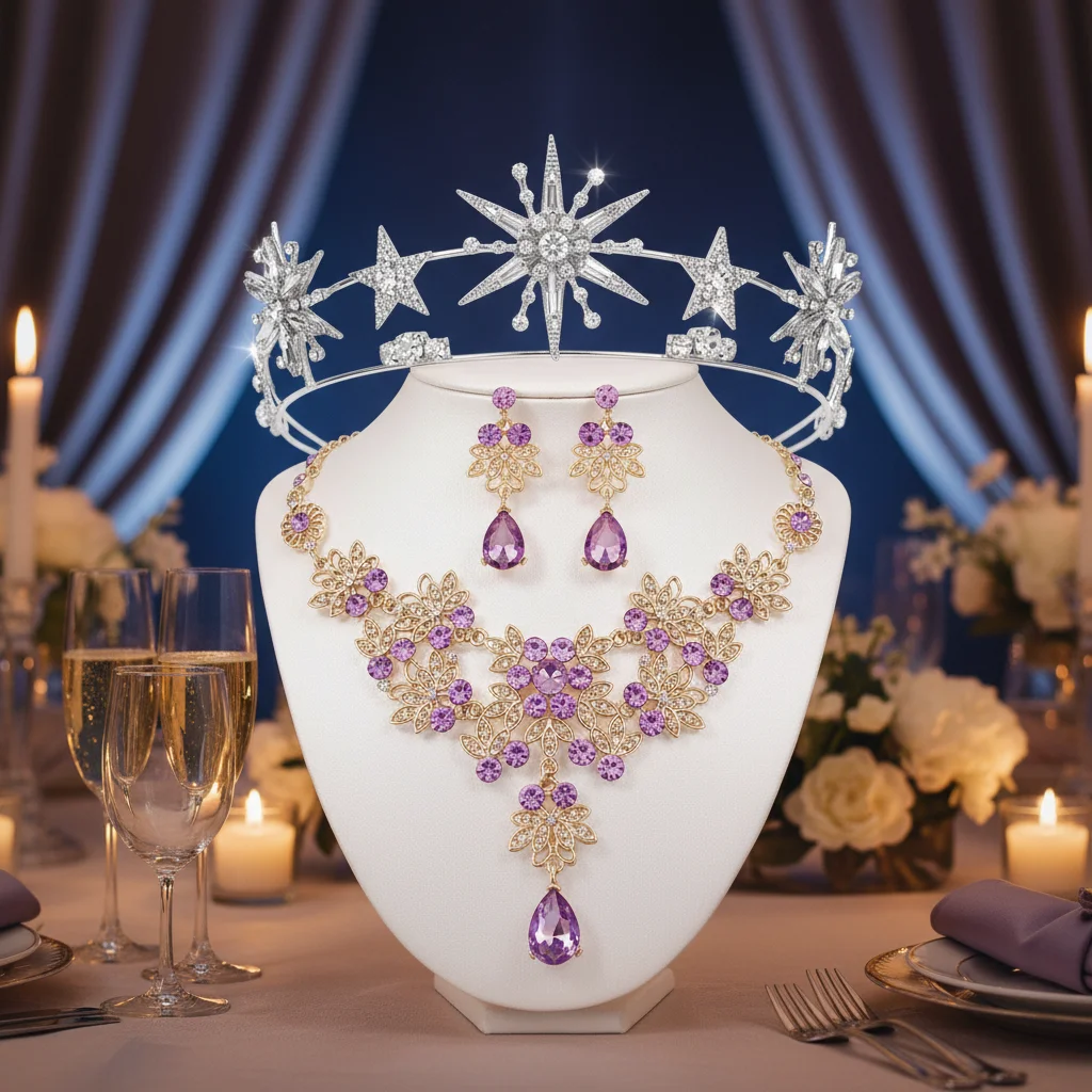 Bridal Jewelry Set Rhinestone Star Crown Necklace Earrings for Wedding Party Evening Wear Purple Crystal Accessories Gift