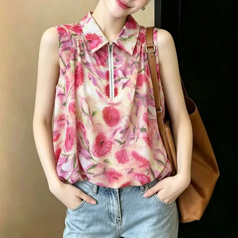 

Women's Pink Floral Sleeveless Shirt, 2026 Summer New Arrival, Lapel & Zipper Design, Elegant Slim-fit Chiffon Tank Top