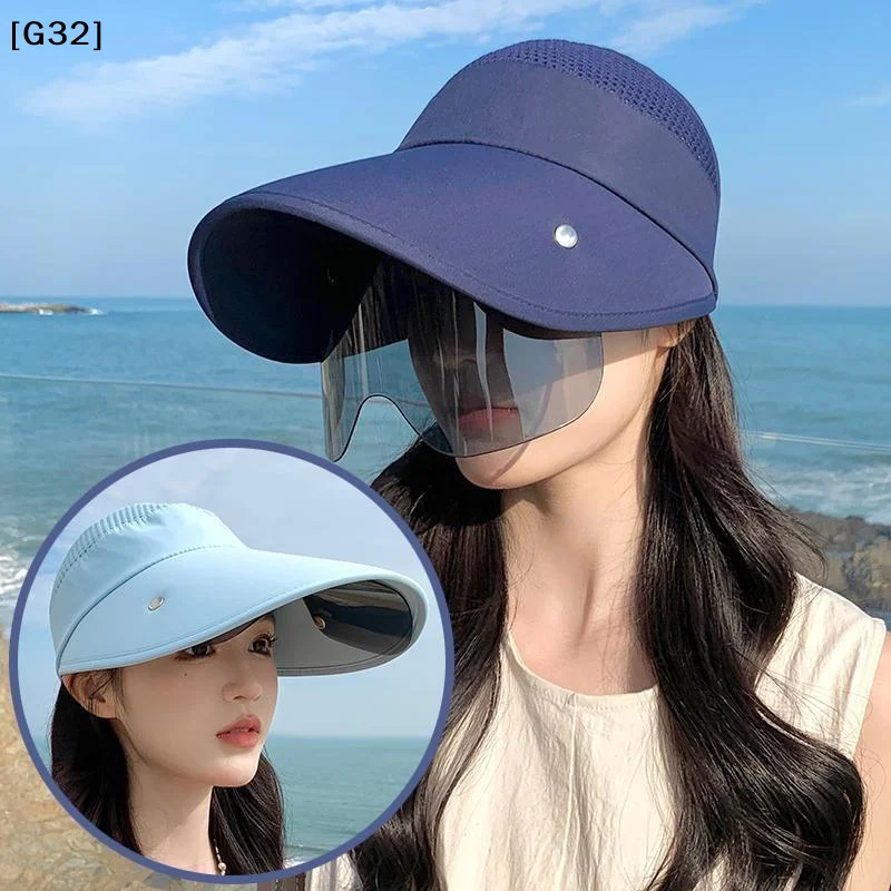 Summer Women Sun Hat With Glasses Large Brim Bucket Hat Breathable Outdoor Cap Magic Tape Adjust Travel Beach Cap[G32]