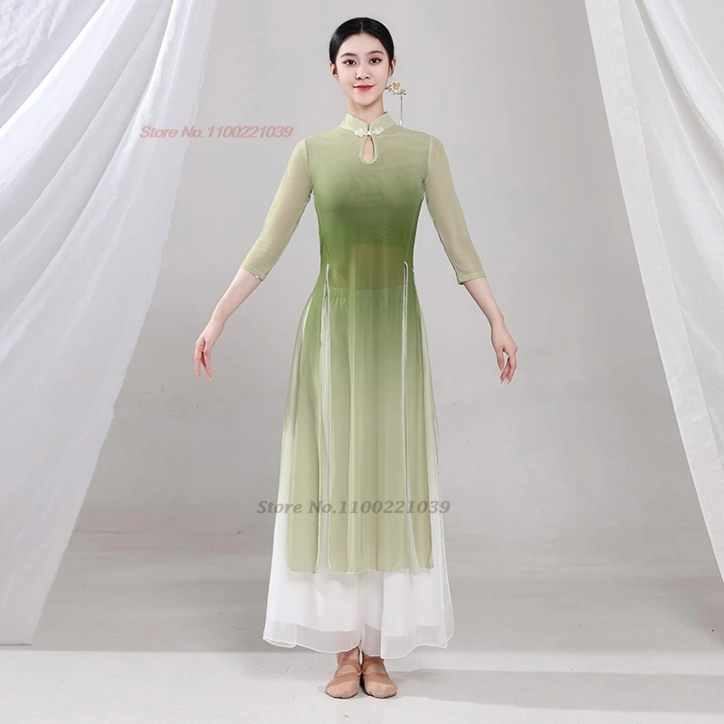 2025 الصينية خمر ملابس رقص الشعبية التدرج اللون شبكة hanfu بلايز + فستان أطفال مع سروال داخلي خمر فستان من الشيفون مرحلة الأداء الرقص