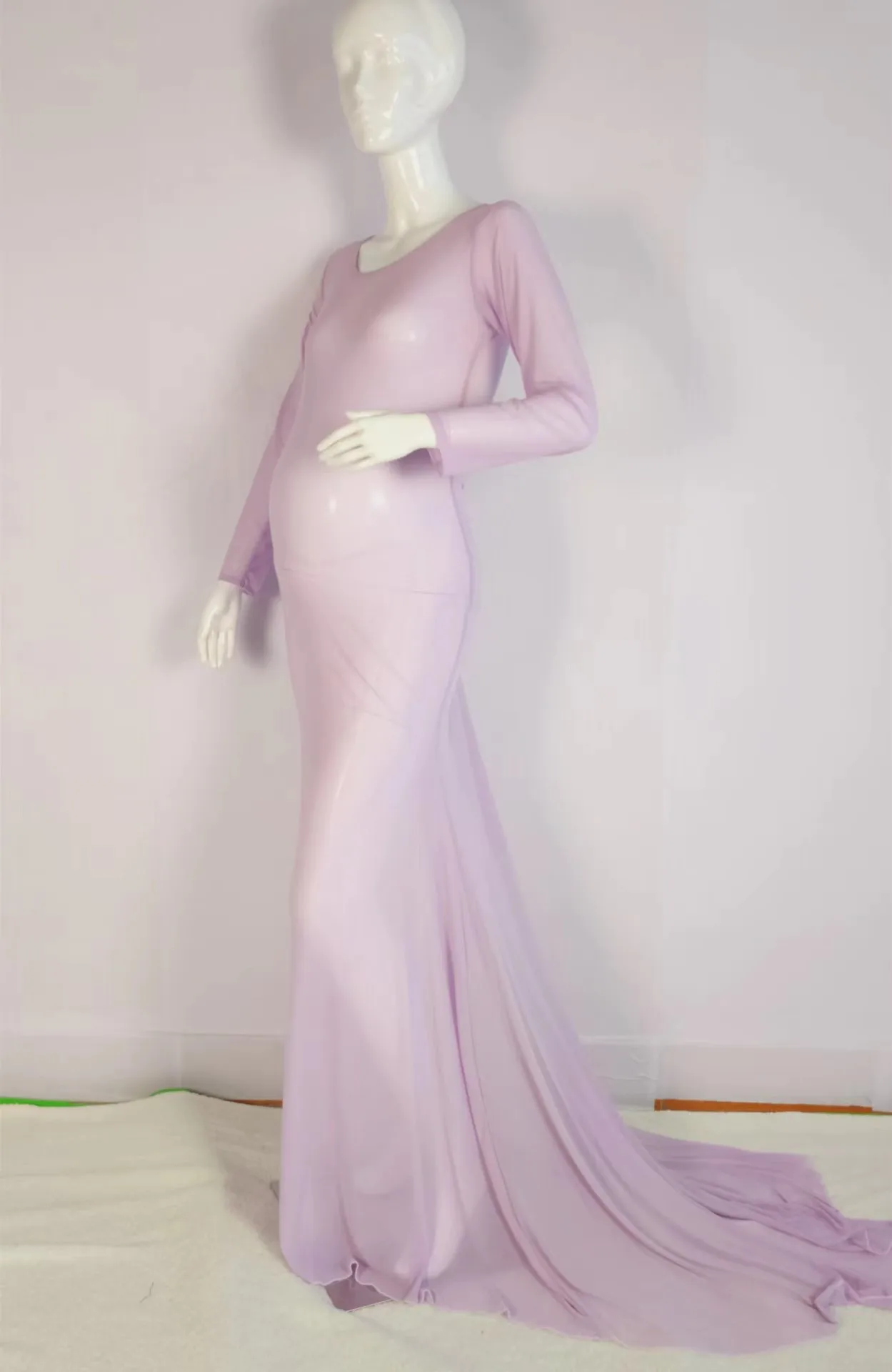 2024 See Through Stretchy Mesh Maternity Photography Dresses Full Sleeve Boat Neck Pregnancy Photo Shoot Long Dress