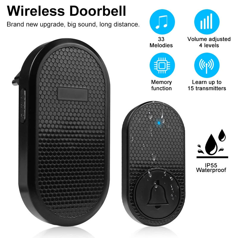 Wireless Doorbell Smart Home Welcome DoorBell Waterproof 32 Songs 4 Level Volume Intelligent DoorBell Chime Kit US/EU Plug