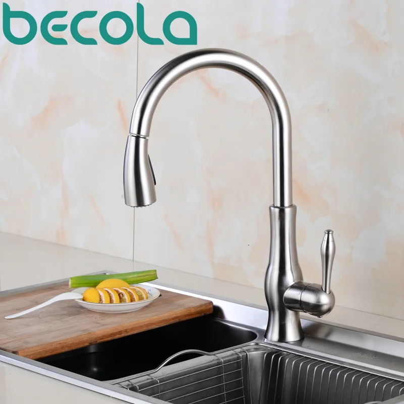 Becola Pull Down Spray Kitchen Faucet Mixer Taps Brushed Nickel Kitchen Tap Brass Sink Mixer B-8106 torneira gourmet de cozinha