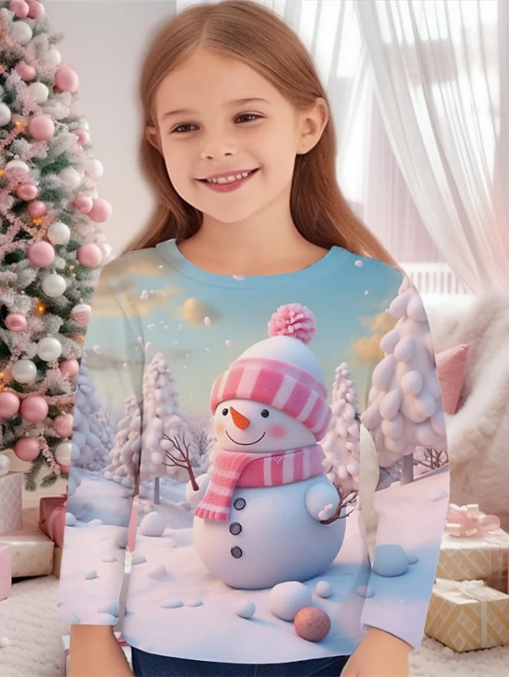 

Girls T-Shirt Cute Snowman Print Autumn Long Sleeve Tee Christmas Casual Kids Girls Clothes Holiday Loose Children's Clothing