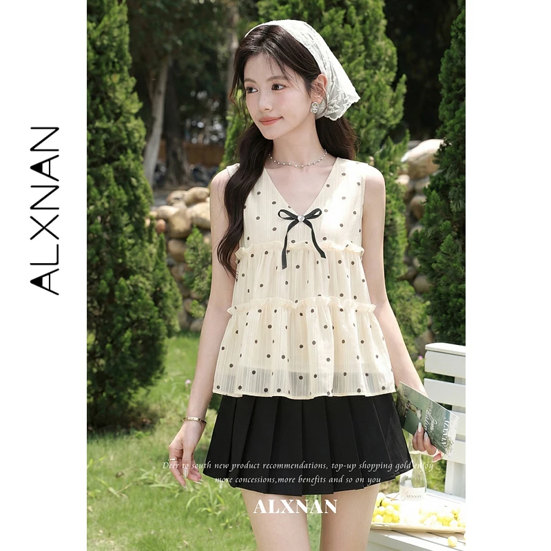 ALXNAN Women's Summer Tank Top V-neck Polka Dot Bow Sleeveless Tops Ladies 2026 Elegant Fashion Holiday Beach Tanks L67052A