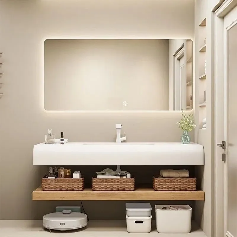 Japanese Style Log Color Bathroom Vanity with Smart Corian Integrated Sink Toilet Washstand Combo Cabinet
