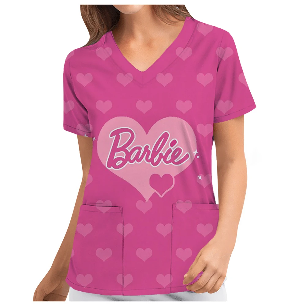 Medical Scrubs for Women Barbie Princess print Healthy Nurse Tops V-Neck Short Sleeve Patch Pockets Tees Clinical Uniforms Woman