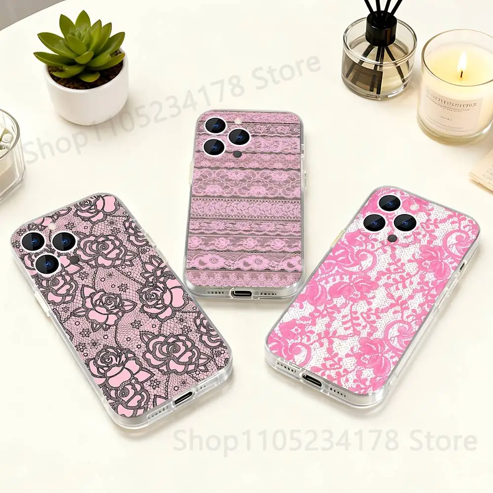 

Vintage Pink Lace Phone Case For iPhone 17,16,15,14,13,12,11 Pro,Max,Plus,X,XS,XR,SE4,E Mini Transparent Soft Cover