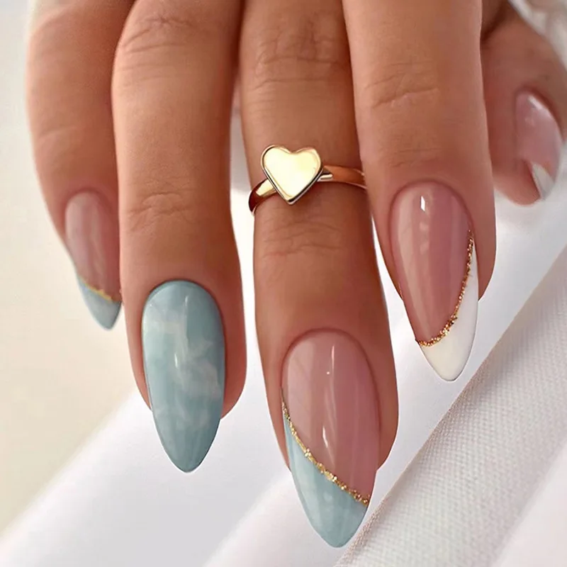 Picture 3: 24Pcs Mid-length Almond False Nails Press on Black Edge French Design Fake Nails with Silver Star Wearable Full Cover Nails Tips