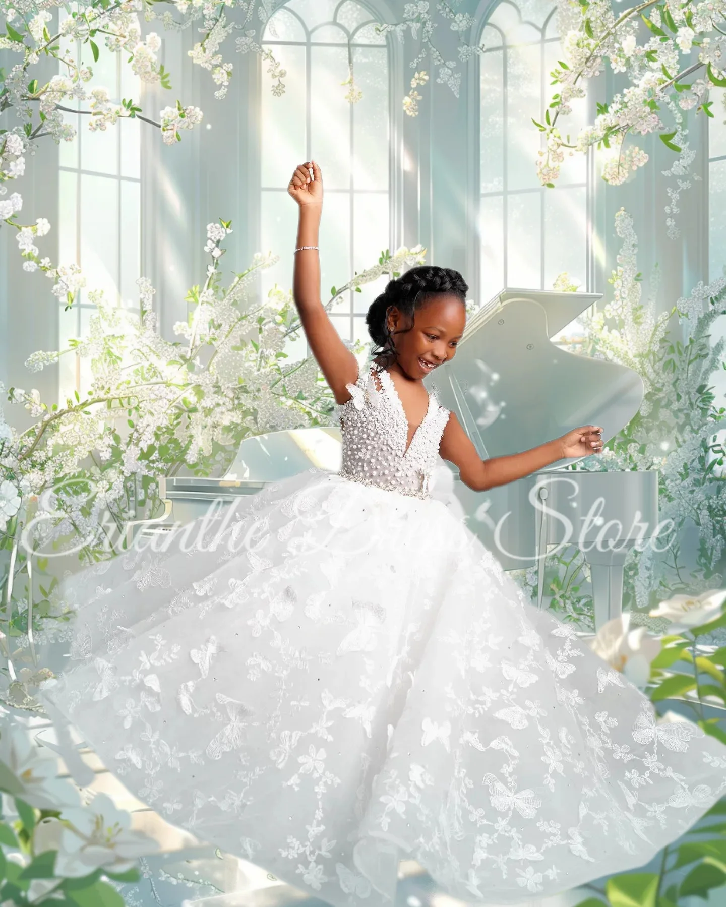 

White Butterfly Flower Girl Dress for Wedding Applique Tulle Puffy Kids Birthday Party First Holy Communion Ball Gowns Applique