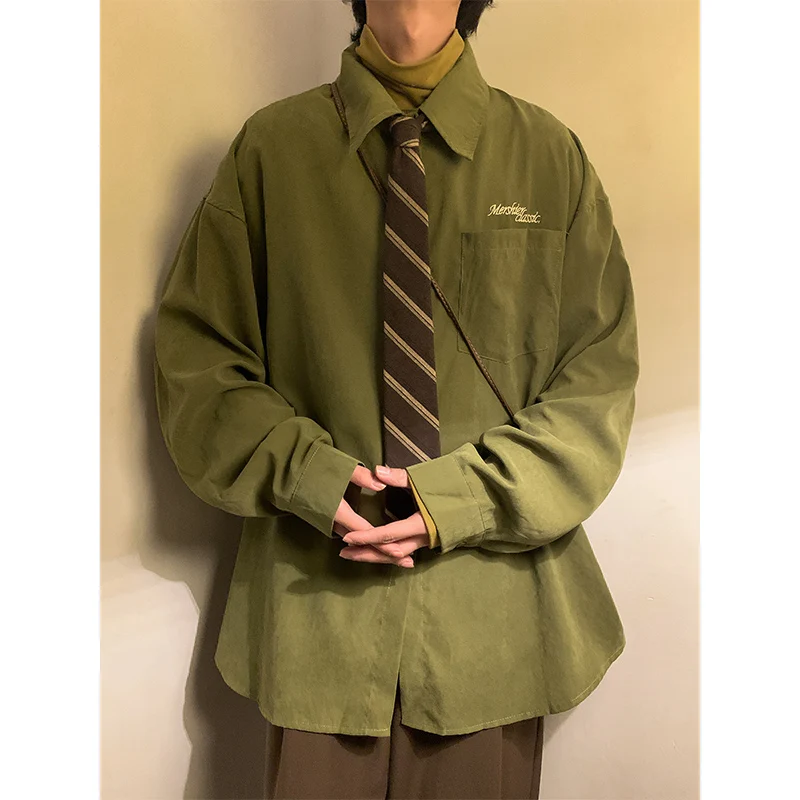 Loose Long Sleeve Men's Shirt Versatile Inner And Outer Wear Student Green Button up Top Spring Fashion Youth Popular Pure Color