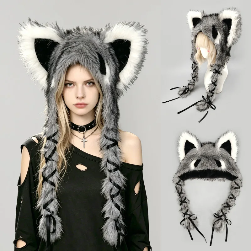 New Gothic Punk Raccoon Furry Ear Flap Hat  Plush Warm Winter Viking Rock Music Animal Cap Girls Y2K Festival Cosplay Costume