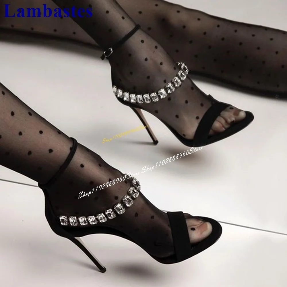 Sexy Black Bling Crystal Strap Decor Sandals Thin High Heel Women Shoes Ankle Buckle Strap Open Toe 2024 Zapatos Para Mujere