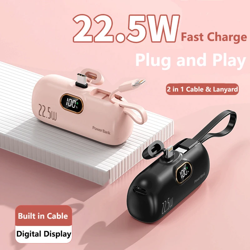 

Mini Capsule Power Bank with Type C Cable Plug 22.5W Fast Charging External Battery Powerbank For iPhone Samsung Xiaomi Huawei