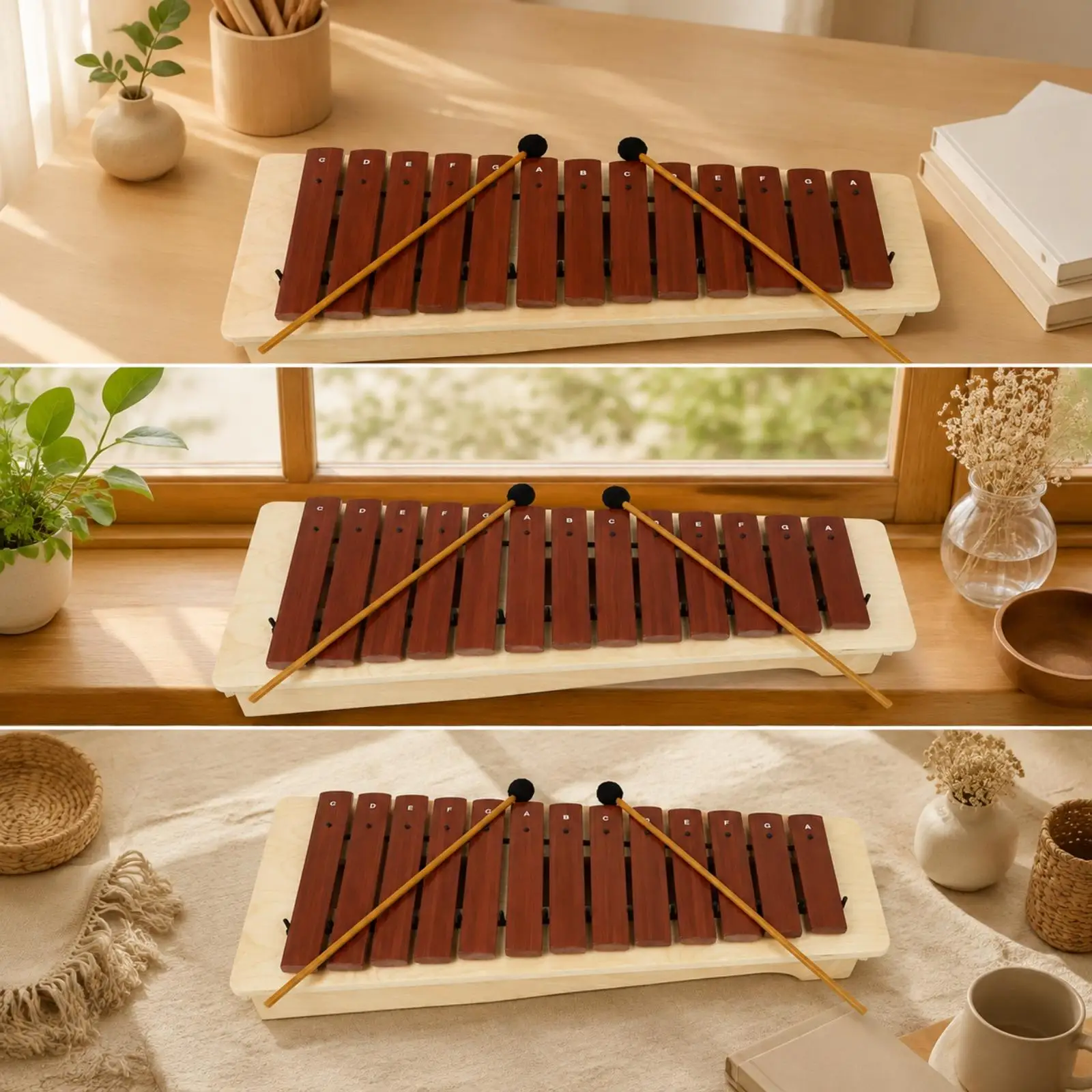 Rectangular-Format Fir Xylophone Wooden Resonating Box Xylophone Detachable Plates Melodic Percussion Instrument for Beginners,