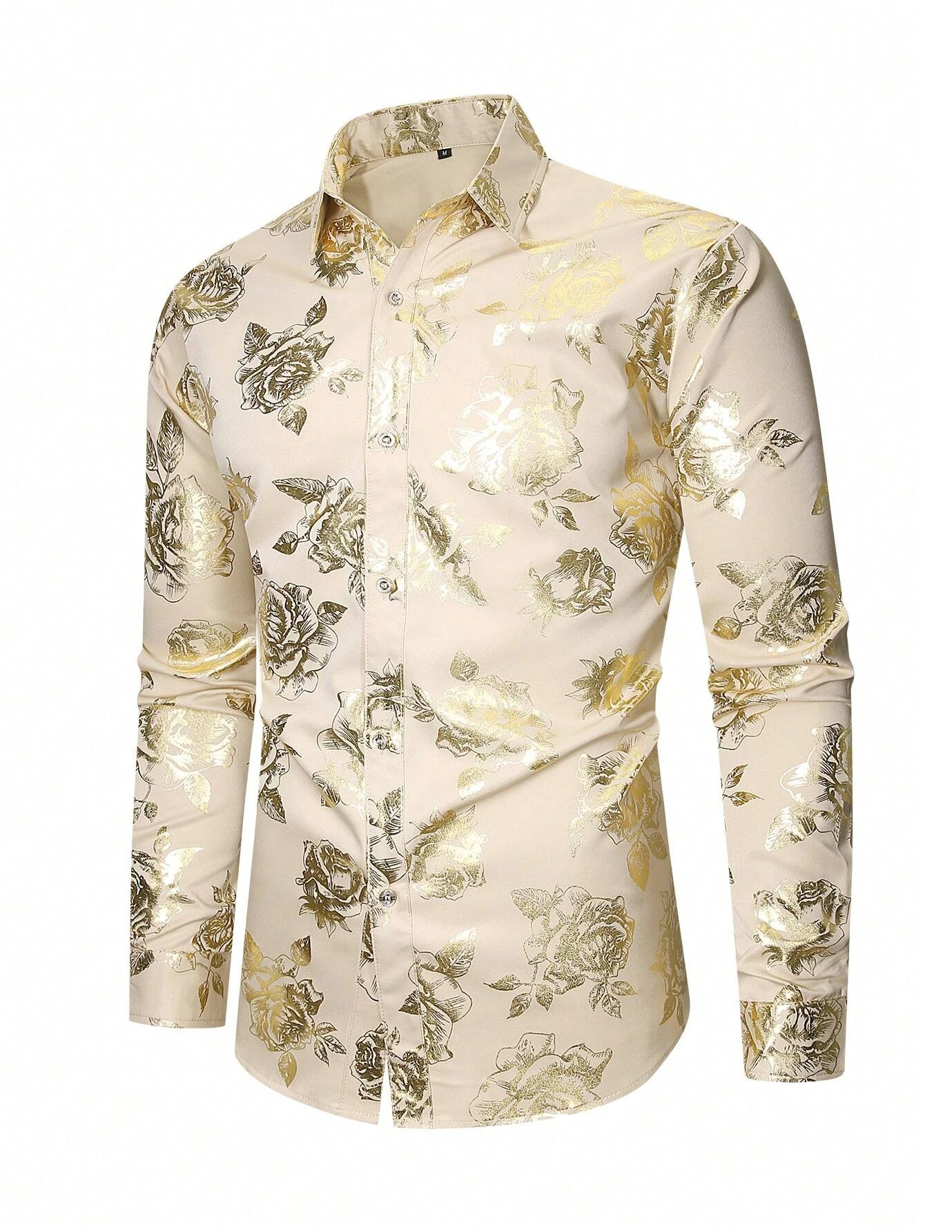 Men Black Gold Rose Floral Foil Print Long Sleeve Shirt Turn‑down Collar Button Up Party Banquet Dress Shirts