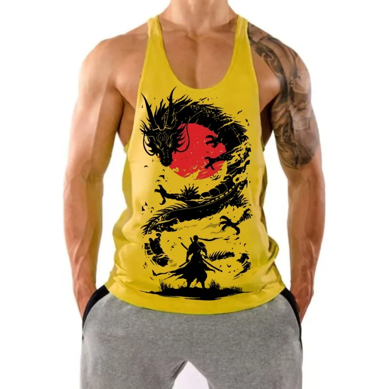 Gym Vest Men's Japanese Samurai & Dragon Graphic Stringer Tank Top Ukiyo-e Style Print Bodybuilding  Summer Sleeveless Shirt