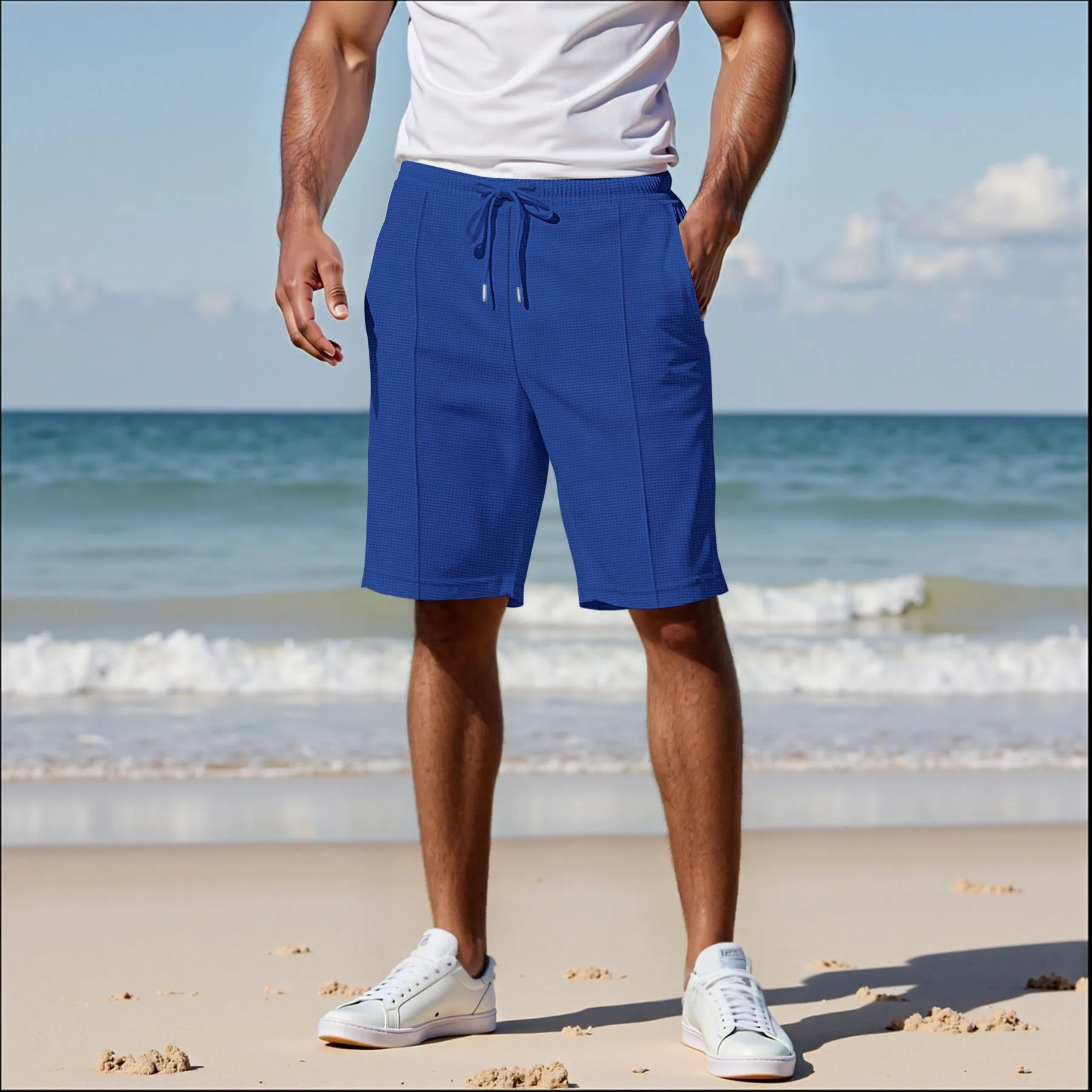 

Summer Shorts Waffle Knit Drawstring Waistband Beach Shorts Knee Length Side Pockets Casual Shorts Solid Blue Black Athletic