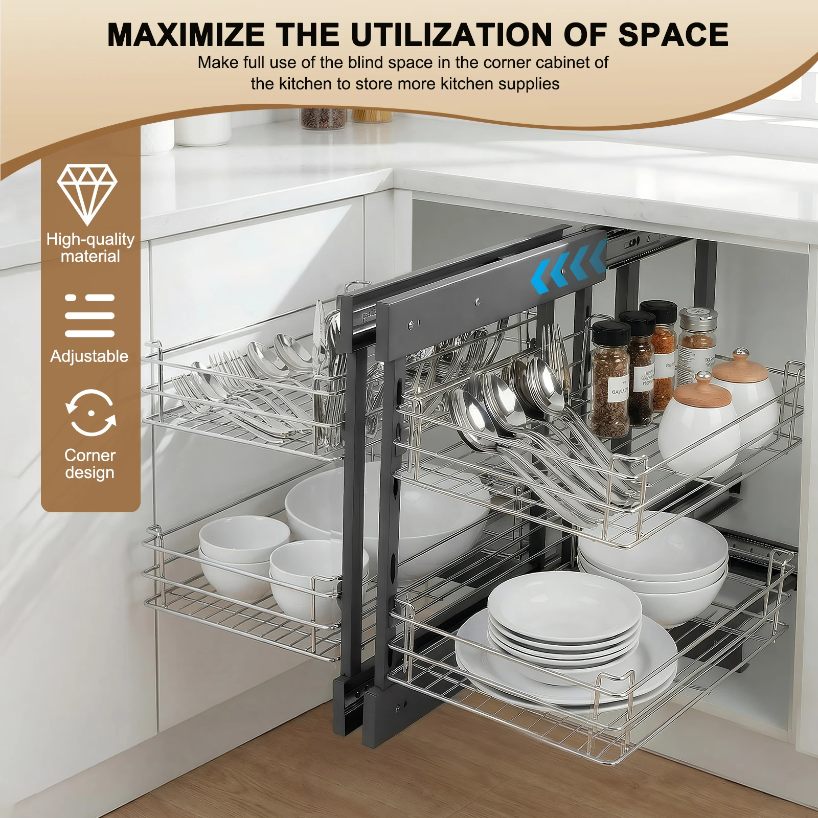 

Dual Tier Pull-Out Basket Damping Buffer Left Open & Right Open Compatible Carbon Steel Storage Basket for Blind Corner