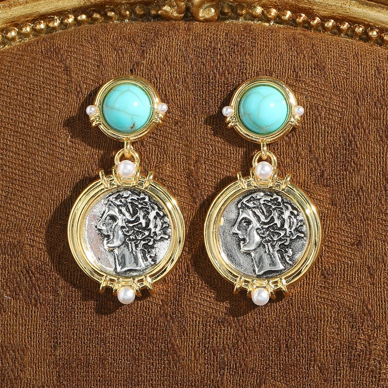 

Vintage Green Turquoise Drop Earring For Women Ancient Coin Rhinestone Portrait Luxury Jevelry Designer Classics Gift Trendency