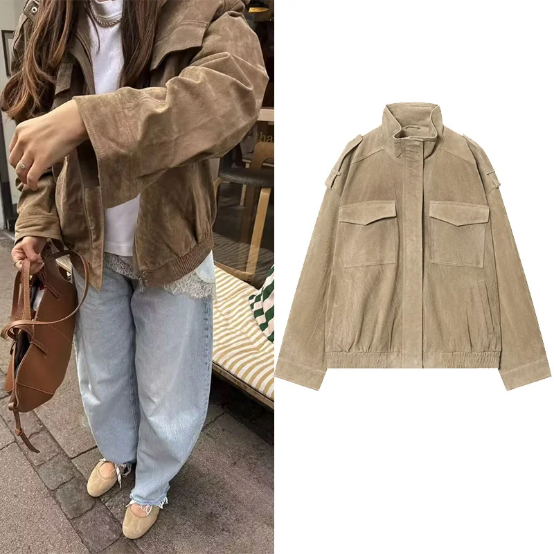 

NERHEFZ Women Autumn Bomber Jackets Vintage Thick Pockets Women's Suede Jacket Streetwear Leisure Pocket Zipper New Female Tops
