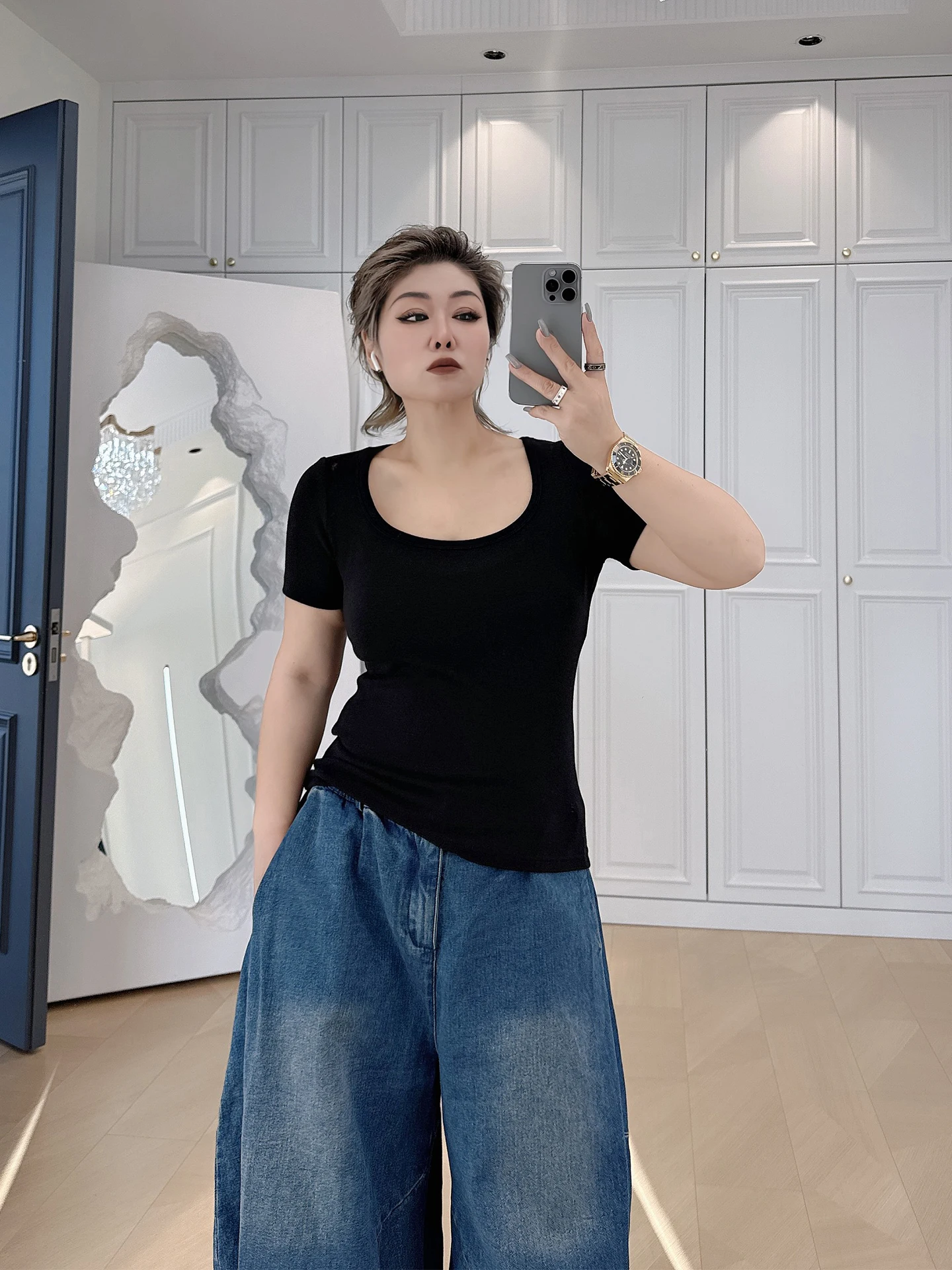 

Casual Elastic Slim Fit ort Sve T-irt Large Size Women's Square Collar Commute Casual Top Breathable Comfortable Spring