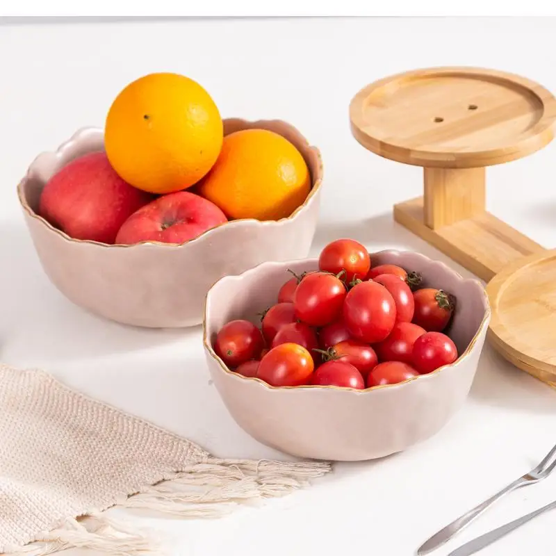 Nordic Fruit Plate Round Ceramic Phnom Penh Bowl Modern Living Room Household Two-layer Basin Bamboo Wood Frame