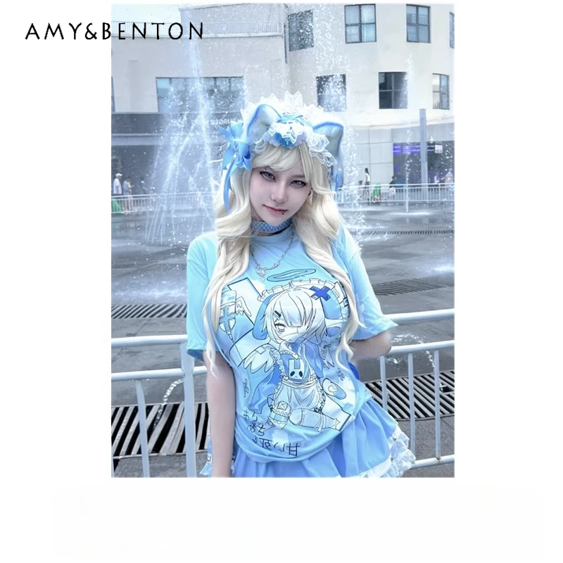 

Japanese Design Y2K Cartoon Animation Round Neck Women's T-shirt New 2D Cute Loose Thin Hot Girl Short-sleeved T-shirts Ladies