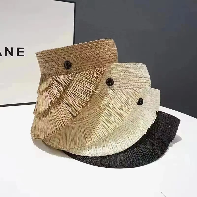 Sombrero de paja con visera para mujer, gorra con diseño de borlas, Top vacío, para exteriores, primavera y verano