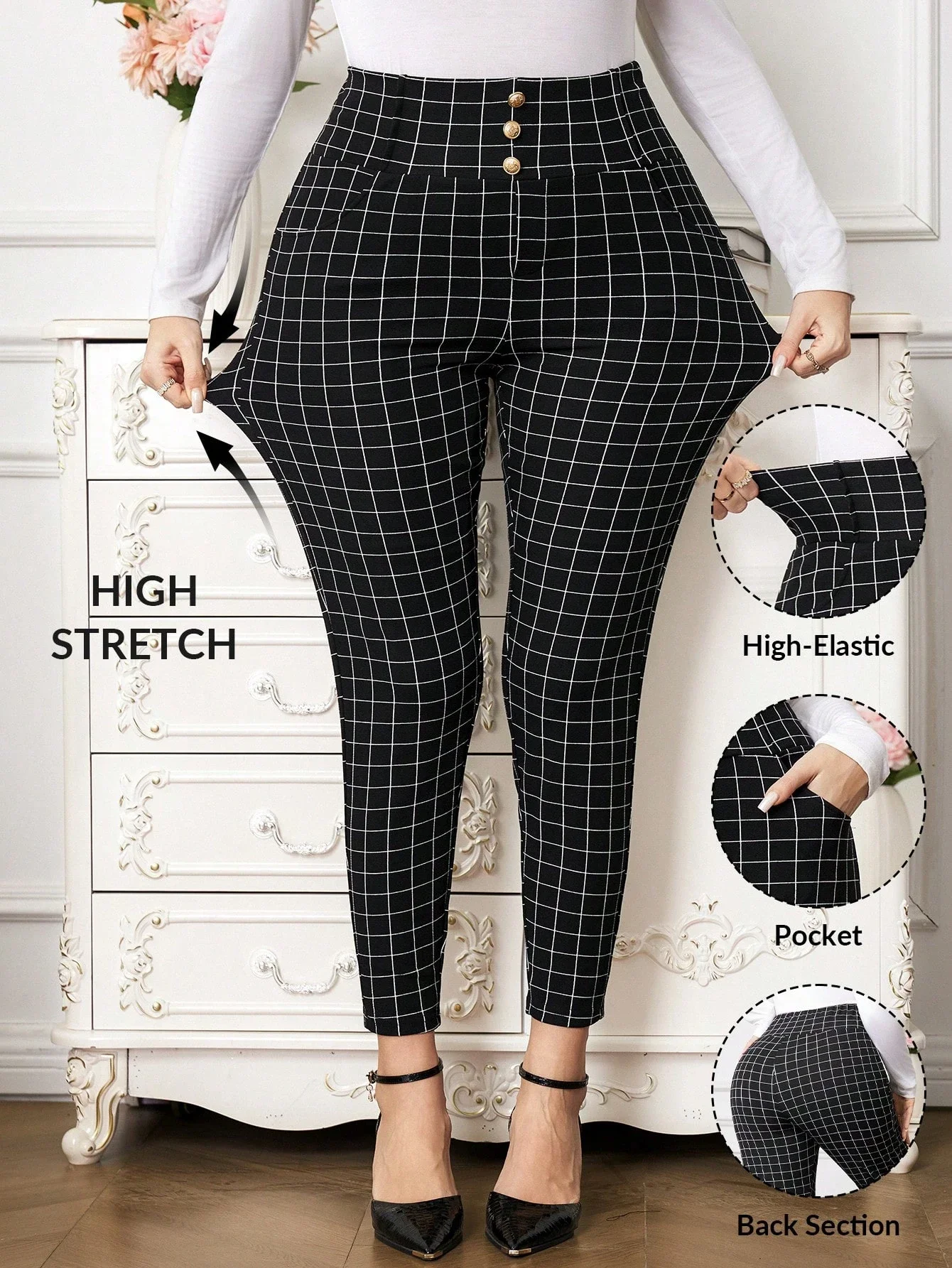

Женские брюки в клетку с высокой талией, облегающие, эластичные, длиной до щиколотки, для офиса и повседневной носки