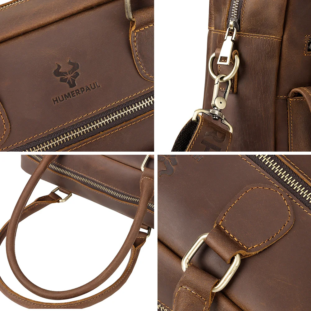 HUMERPAUL Valigetta vintage in vera pelle per uomo Borsa a tracolla per laptop da lavoro con tasche multiple Borsa tote stile retrò