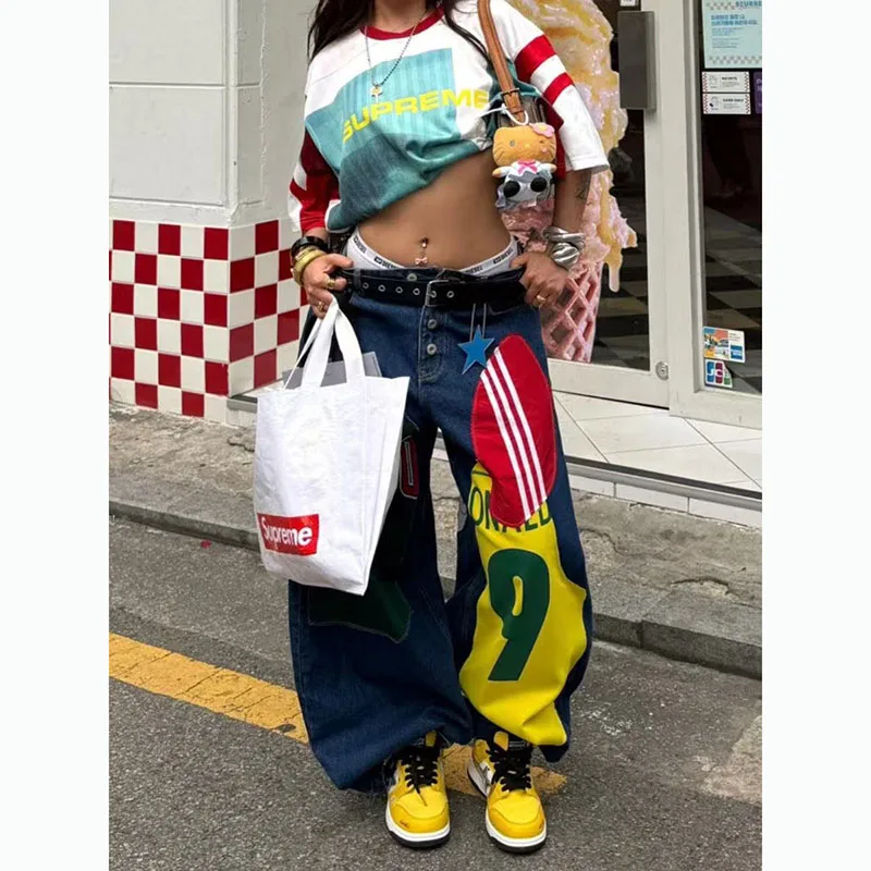 American High Street Heavy Design Sense Tapestry Printed Jeans Spice Girls Trendy Hip Hop Wide Leg Floor-Length Pants