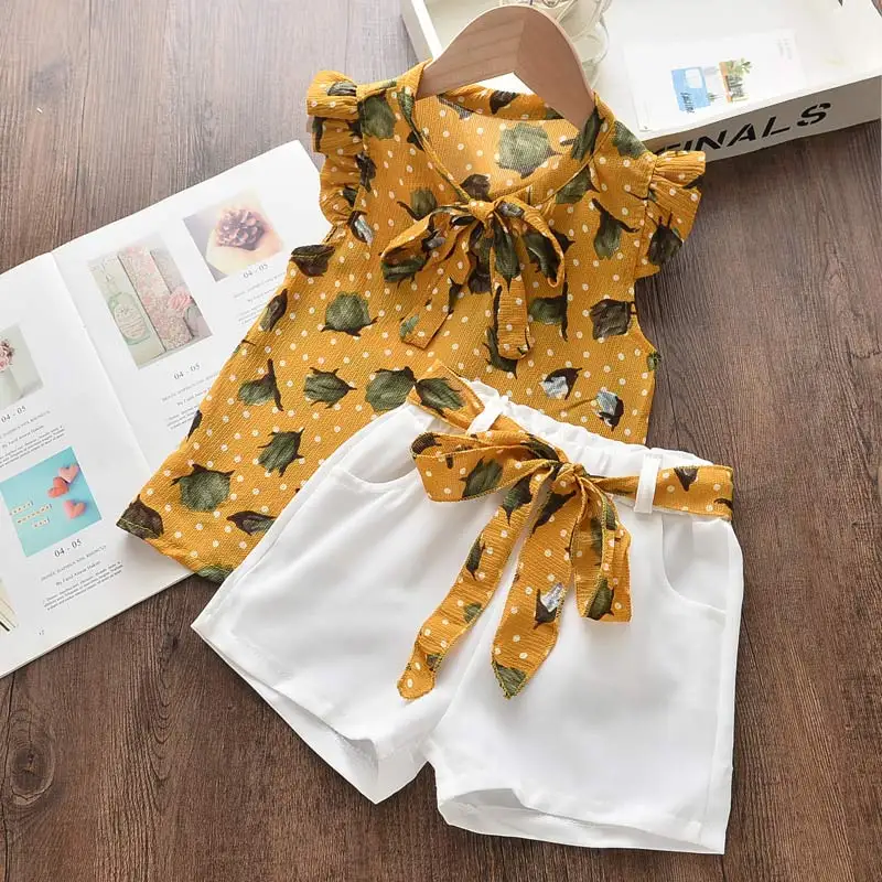 Girls Clothes Set New New Summer Sleeveless T-shirt and Print Bow Shorts for Girl Kids Clothes Children Clothing 3 5 7 Years