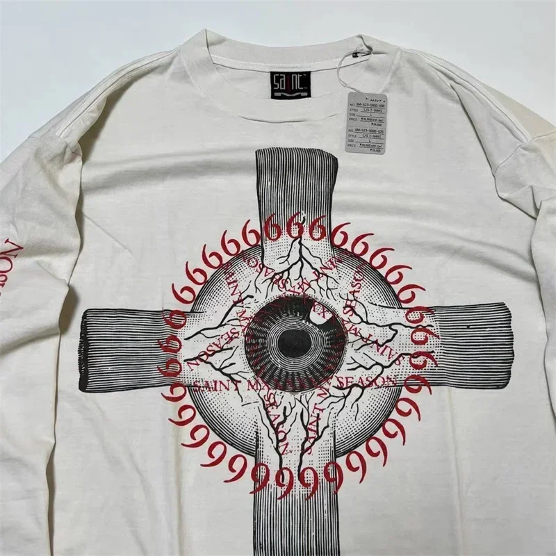 24ss Oversized SAINT MICHAEL Pullovers Cross Print Washed White Oversized Long Sleeved T-Shirts