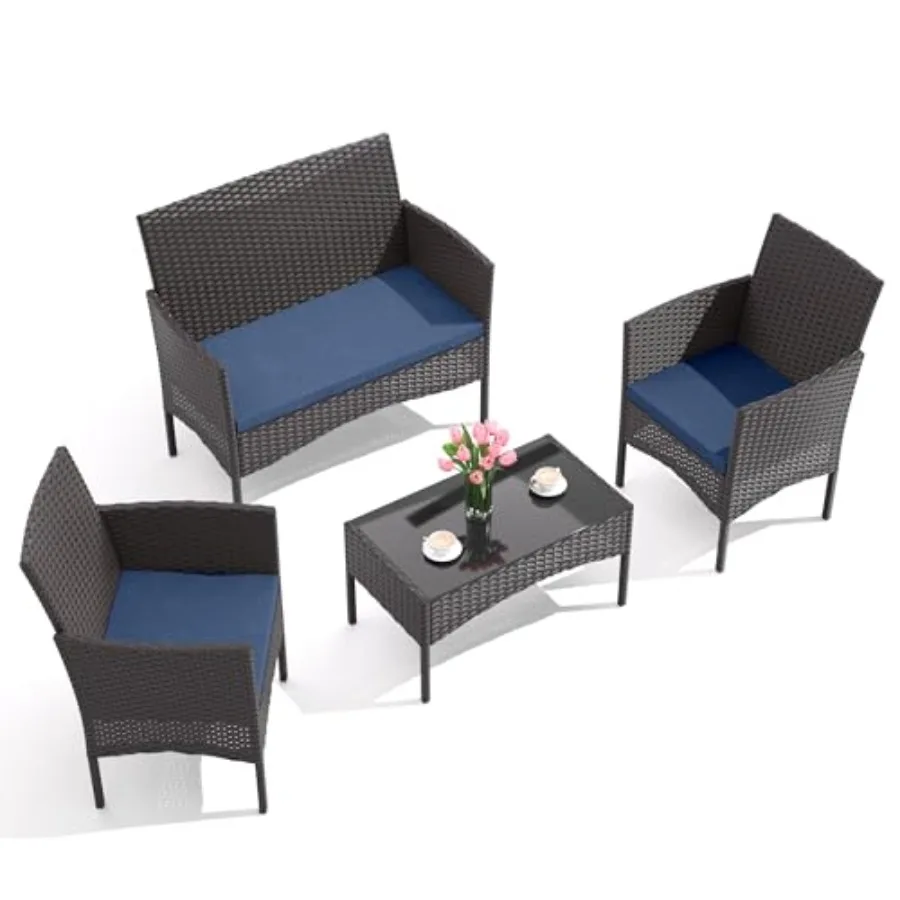4-Piece Outdoor Patio Furniture Set in Navy Wicker Rattan Chairs and Sofa with Cushions and Glass Coffee Table for Backyard Law