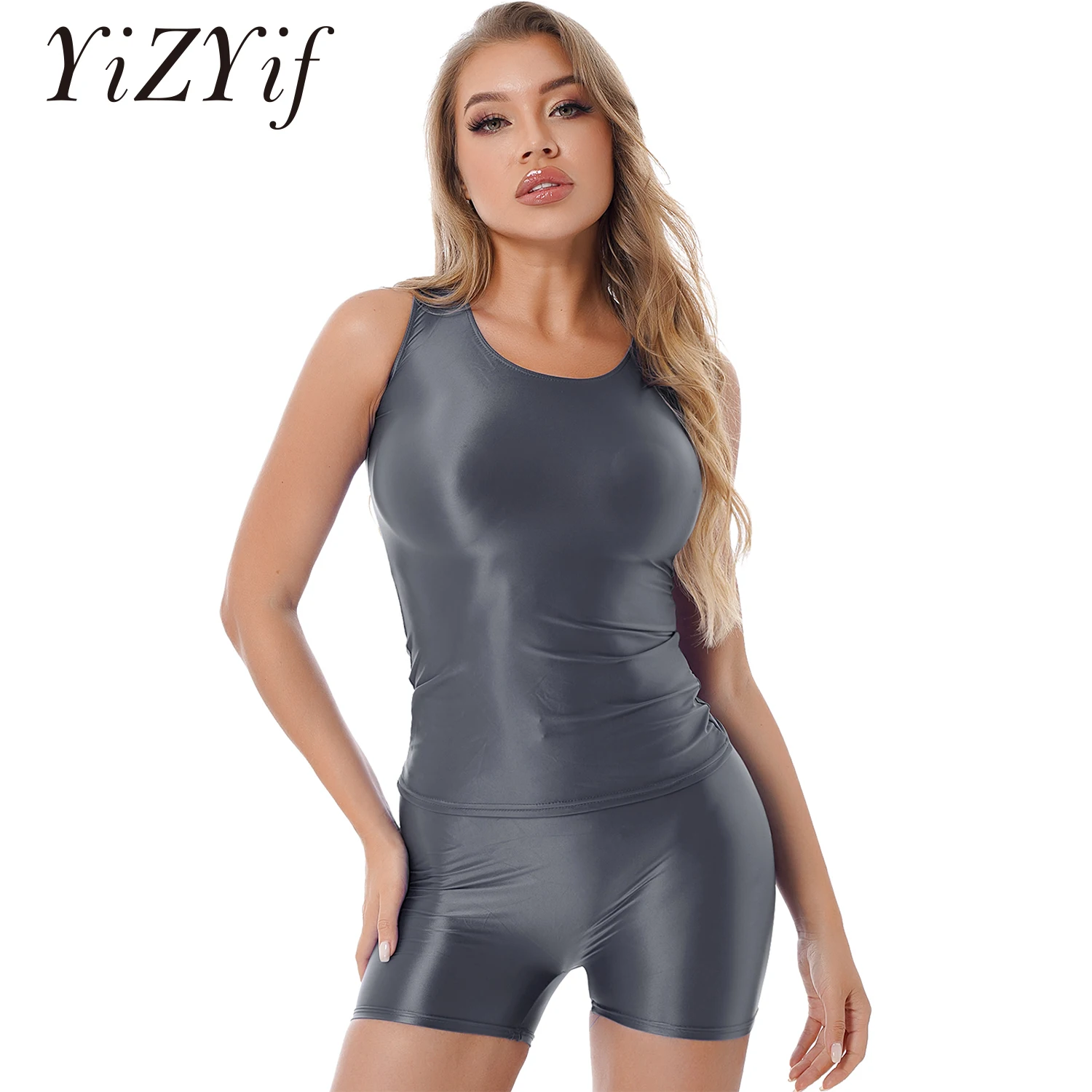 Womens Glossy Smooth Two-piece Outfit Yoga Sportswear Swimwear Sleepwear Tank Top with Shorts Rave Stage Performance Clubwear