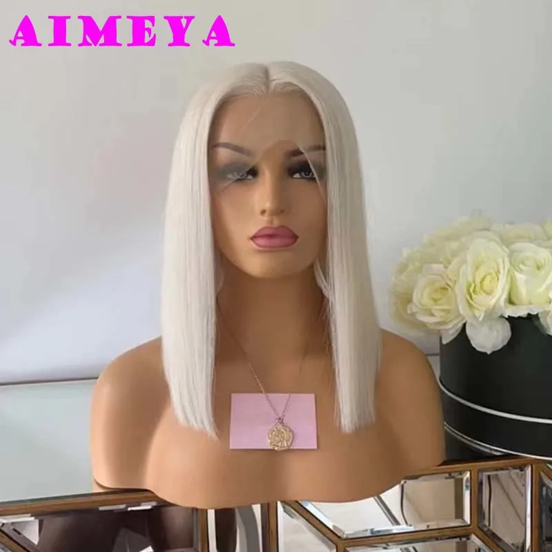 AIMEYA Platinum Blonde Bob Peruka dla kobiet Żaroodporne włosy syntetyczne Naturalna linia włosów Krótki prosty Bob Koronkowa peruka na przód