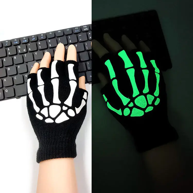 Halloween Half Finger Gloves Unisex Adult Skeleton Skull Glow in the Dark Fingerless Stretch Knitted Winter Mittens Moto Gloves