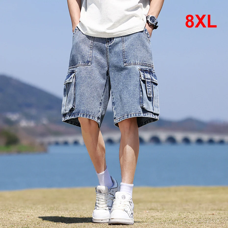 

Vintage Tie-dye Denim Shorts Men 8XL Plus Size Jean Shorts Fashion Casual Elastic Waist Denim Shorts Male Big Size